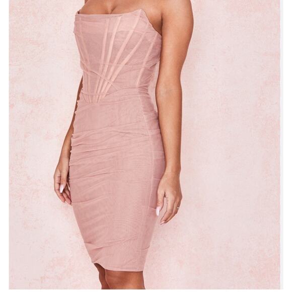 House of CB Leila Strapless Blush Mesh Shirred Bodycon Mini Dress Cream Size XS - Picture 2 of 12
